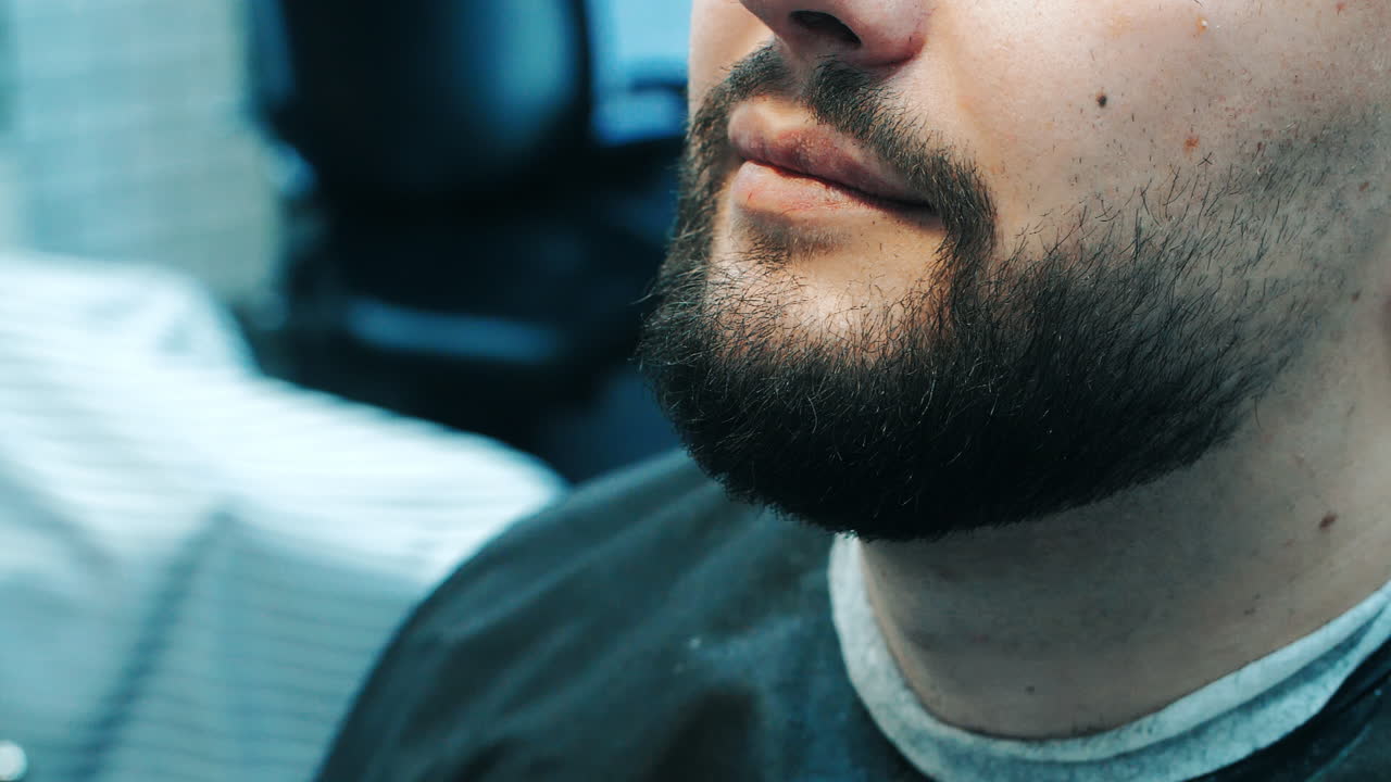 숙련 된 이발사 가 수염 에 남성 의 머리카락 을 자르는 것