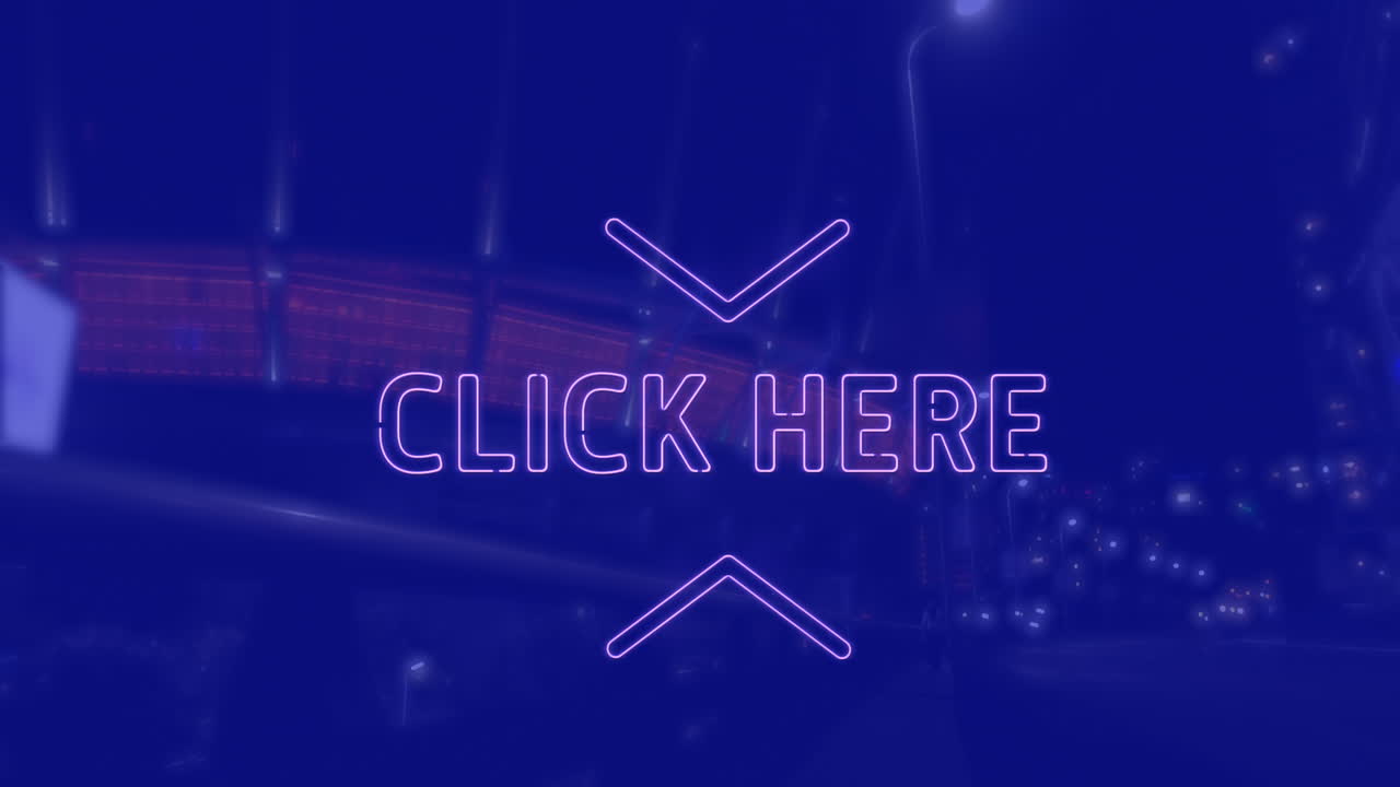 animación de clic aquí texto sobre el paisaje urbano por la noche sobre fondo azul