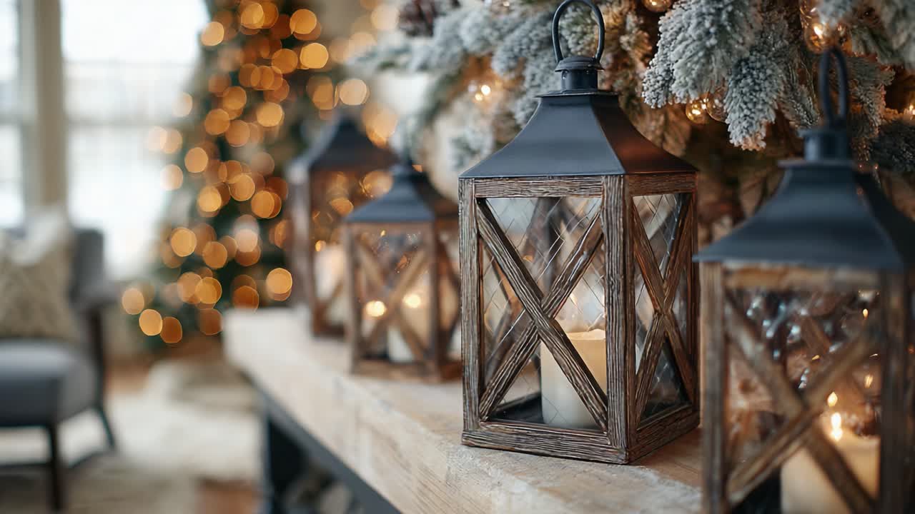 Eleganti lanterne natalizie che illuminano un'accogliente stanza con albero di Natale sullo sfondo, creando un'atmosfera calda e invitante per le feste.