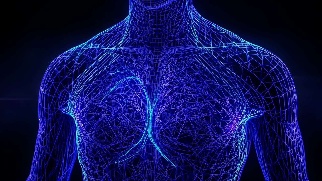 Torso pulsante che rivela il canale della linea mediana in un vuoto scuro dopo il segnale, mesh blu, punto viola, striature