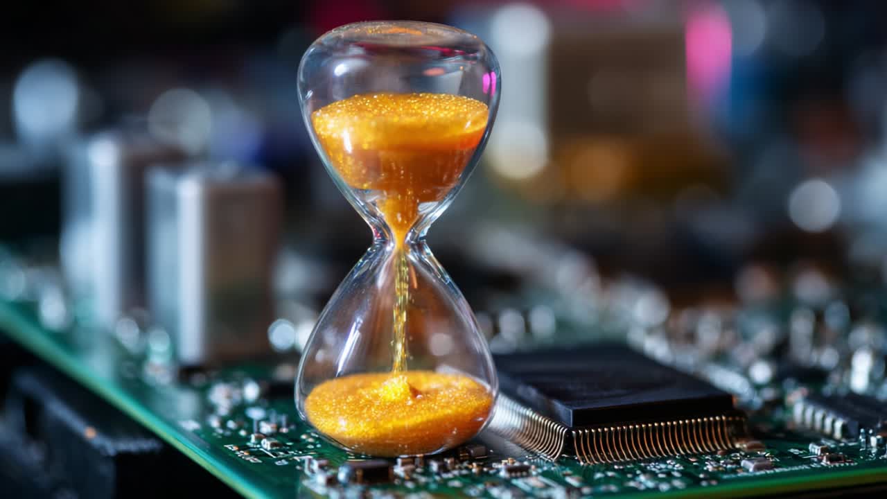 This captivating image features a gleaming hourglass filled with shimmering golden sand positioned against a backdrop of intricate electronic circuitry, symbolizing the relentless passage of time through technology