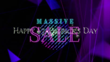animation of massive sale text over fireworks and shapes on black background
