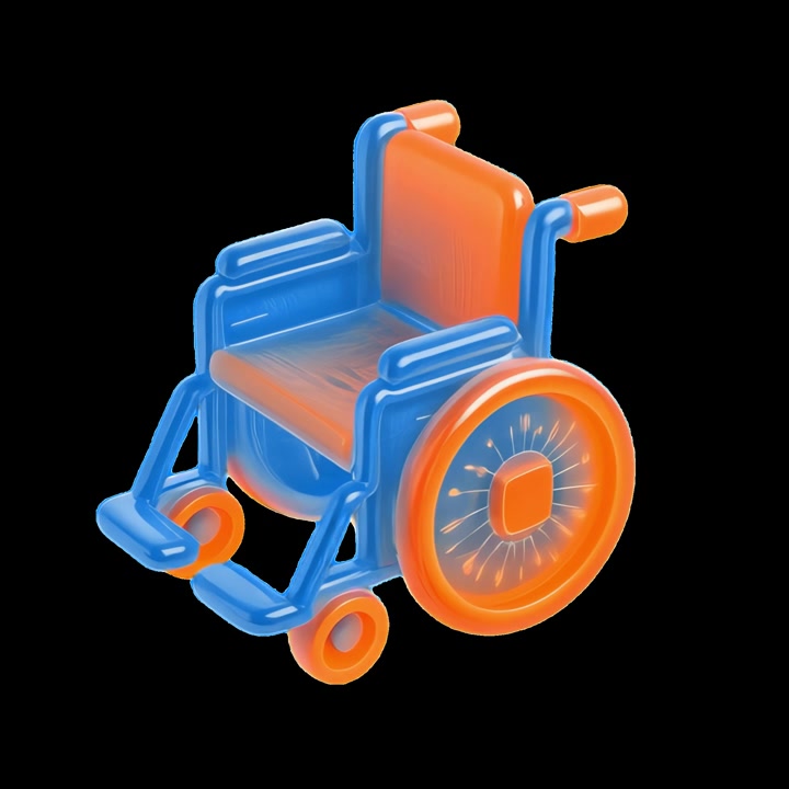 3D Animated Blue and Orange Wheelchair Rotating on Black Background