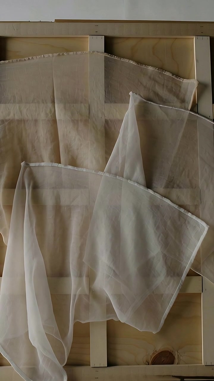Video verticale: Tessuto trasparente che fluttua attraverso un pannello di legno in una stanza a causa di una corrente d'aria, mostrando l'orlo cucito e il nodo