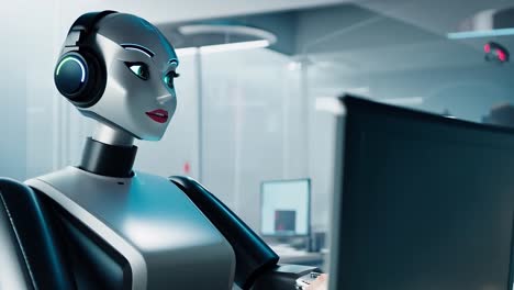 female robot with headphones in a modern office