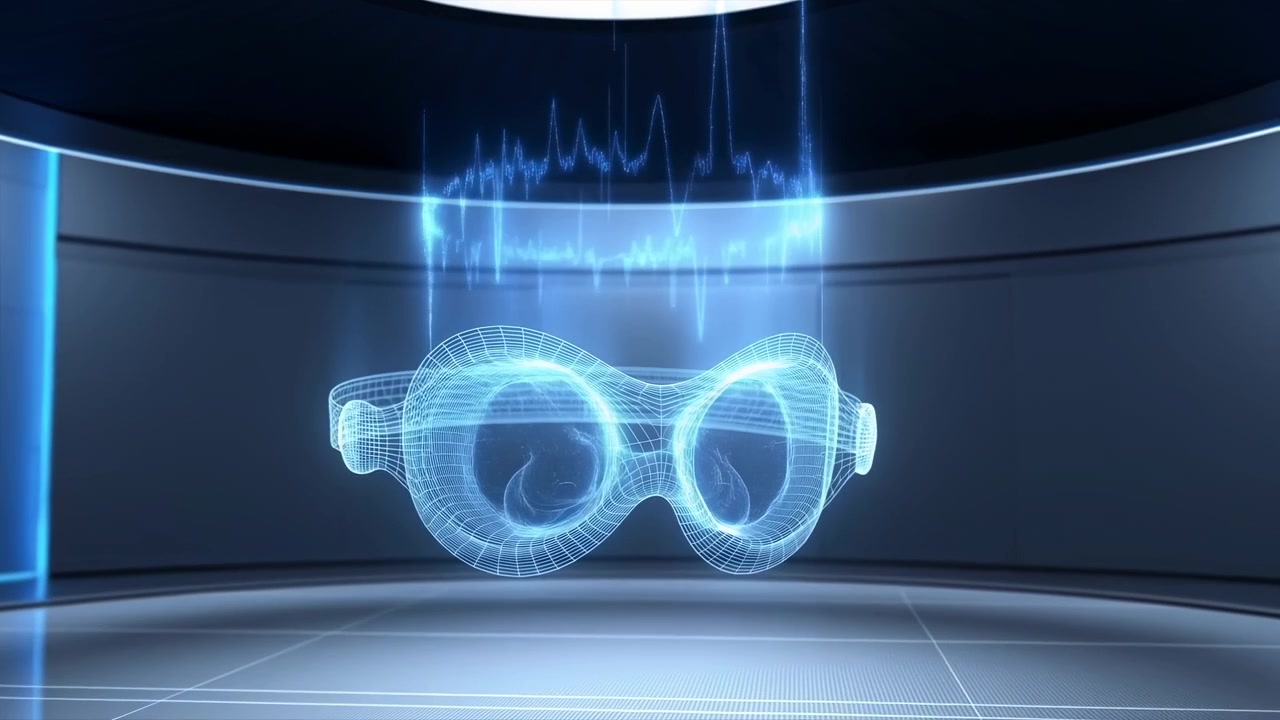 Semi-transparent holographic goggles wireframe suspended inside circular high-tech chamber with cyan beams rising from ceiling, glowing waveform above, glossy floor reflections, and sleek futuristic