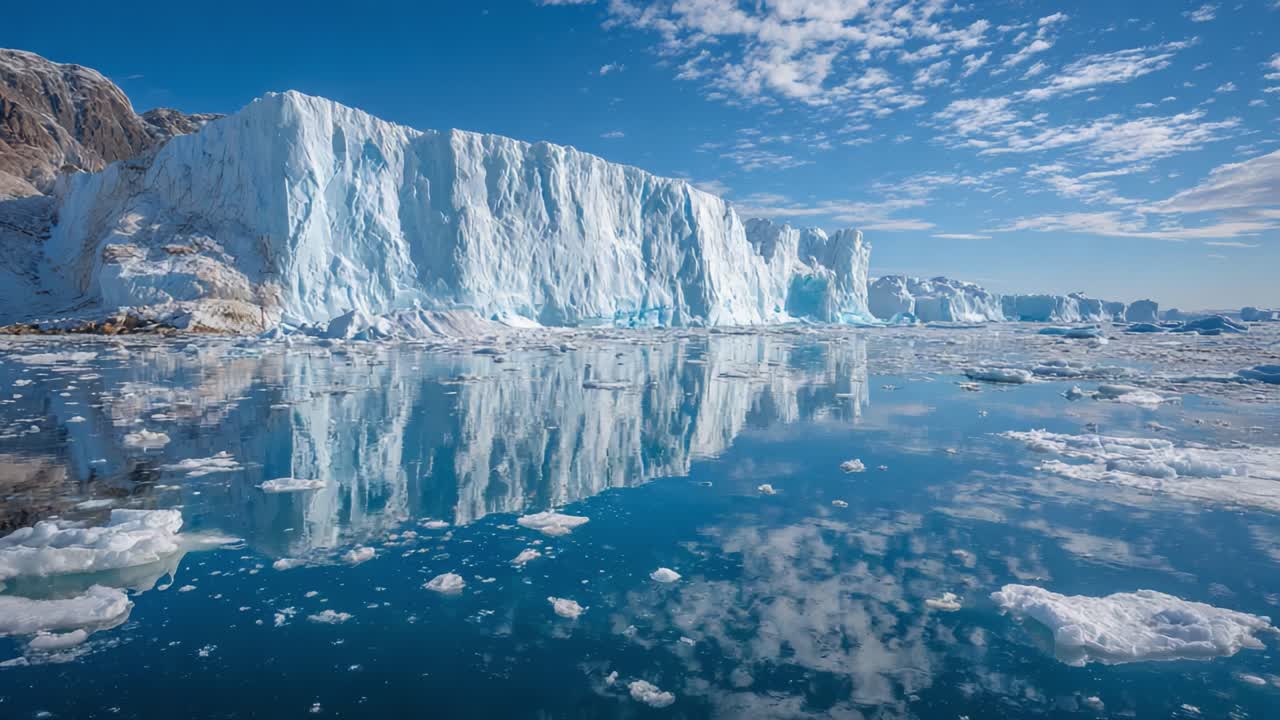 Magnificent Glacial Landscape Reflecting in Calm Waters Underneath a Beautiful Blue Sky with Fluffy Clouds Amidst Stunning Natural Scenery