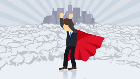 superhero standing on city background. near a cloud of dust. business symbol. leadership and achievement concept. comic loop animation.