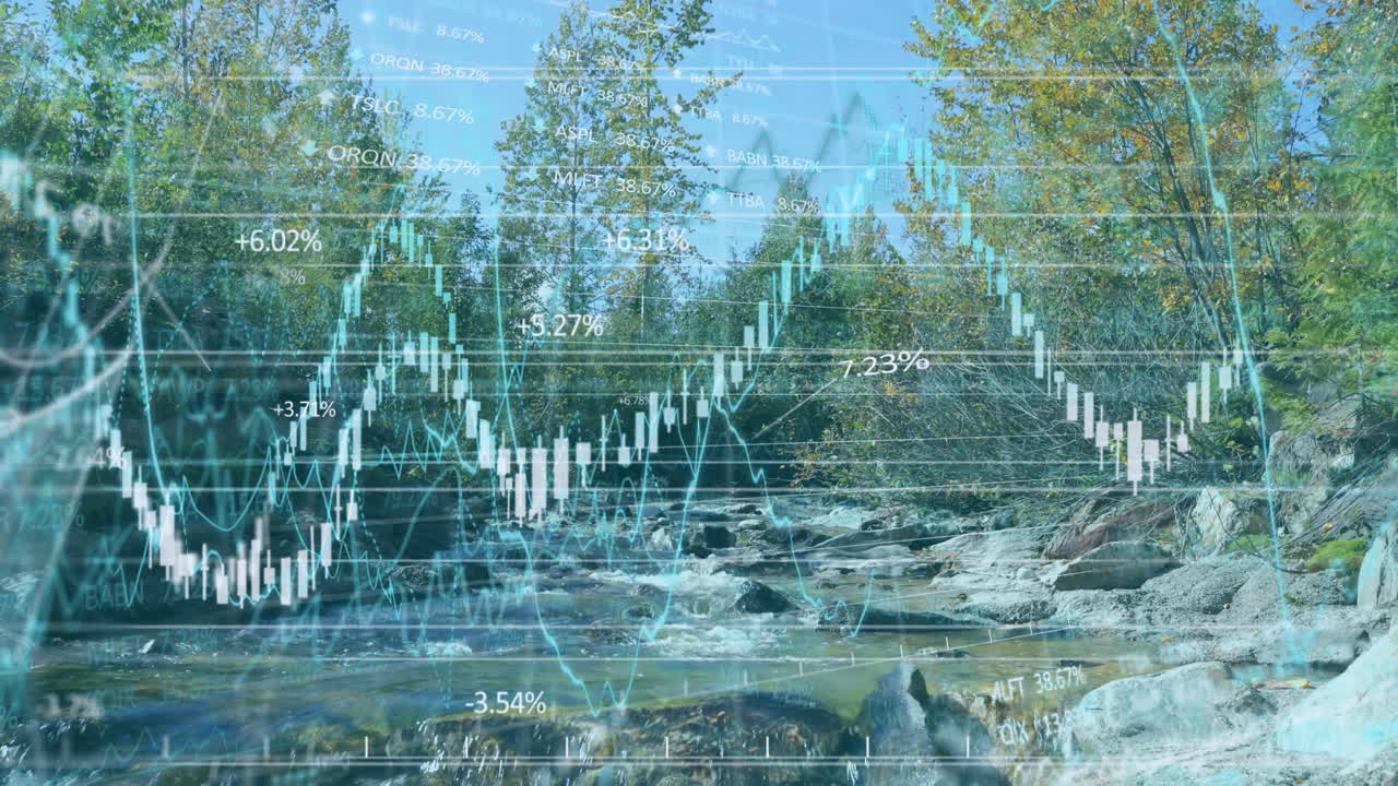 Animating financial data graph over serene forest river landscape in nature scene