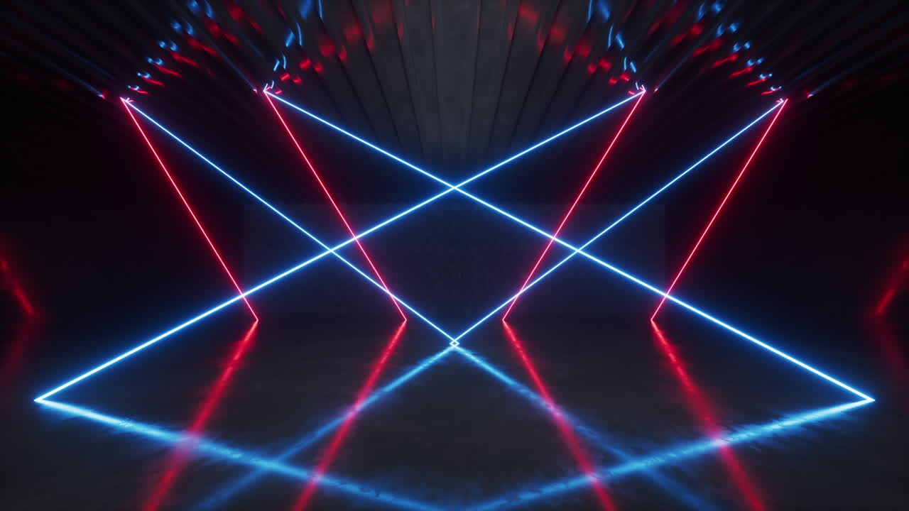 stanza buia con linee al neon luminose, animazione a loop, rendering 3d.
