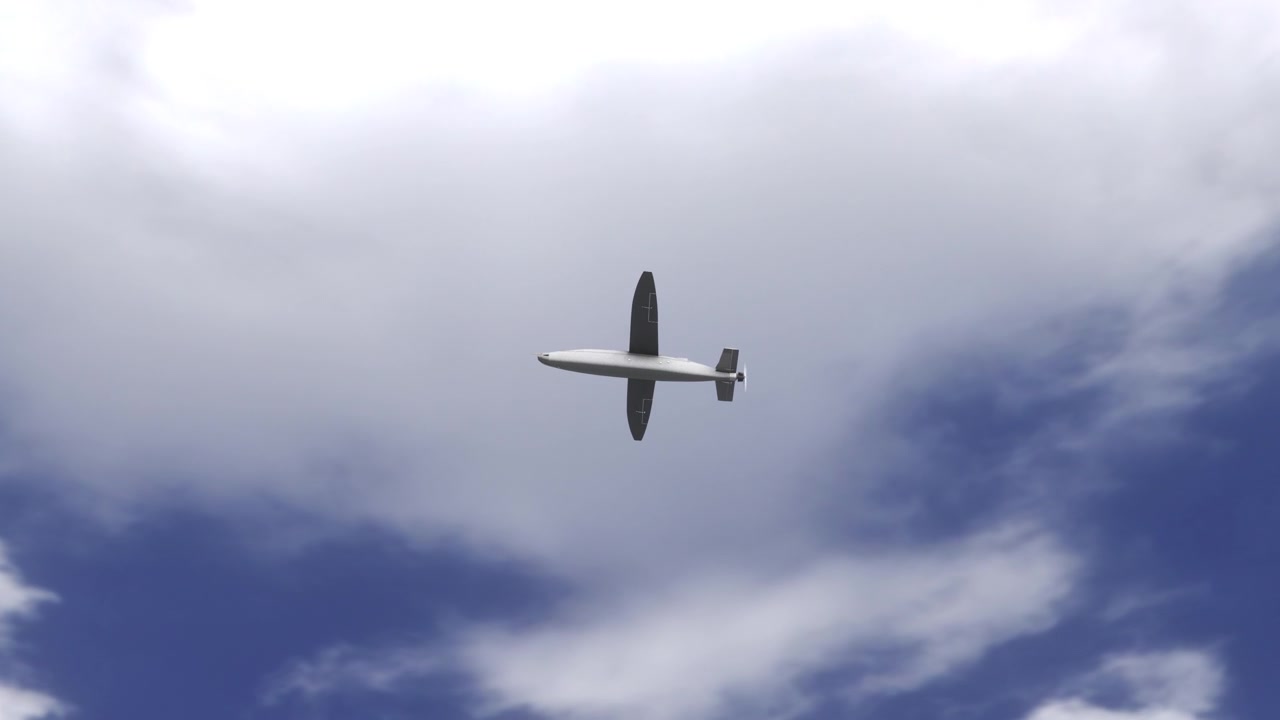 Ser op på Hornet Kamikaze fastvinget AI-assisteret drone, der flyver på blå himmel på vej mod målet. UAV ubemandet luftfartøj. Moderne teknologisk krigsførelse i luften. 3D-gengivelse.