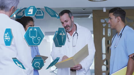 discussing documents, medical professionals with healthcare icons animation in hospital
