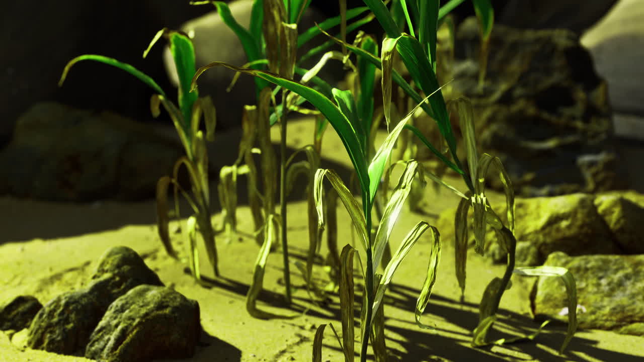Green corn plants growing among stones in a sunlit environment