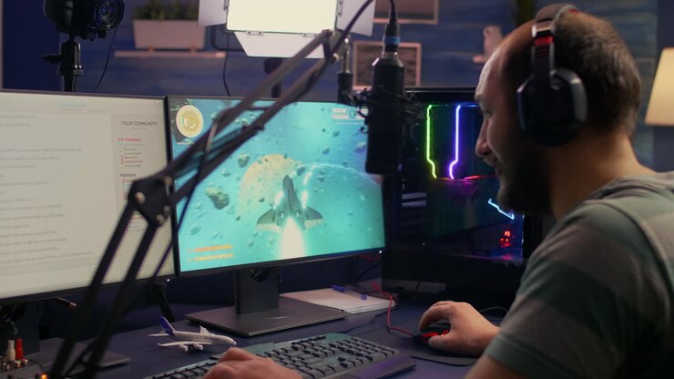 Streamer professionista che gioca a videogiochi sparatutto spaziali