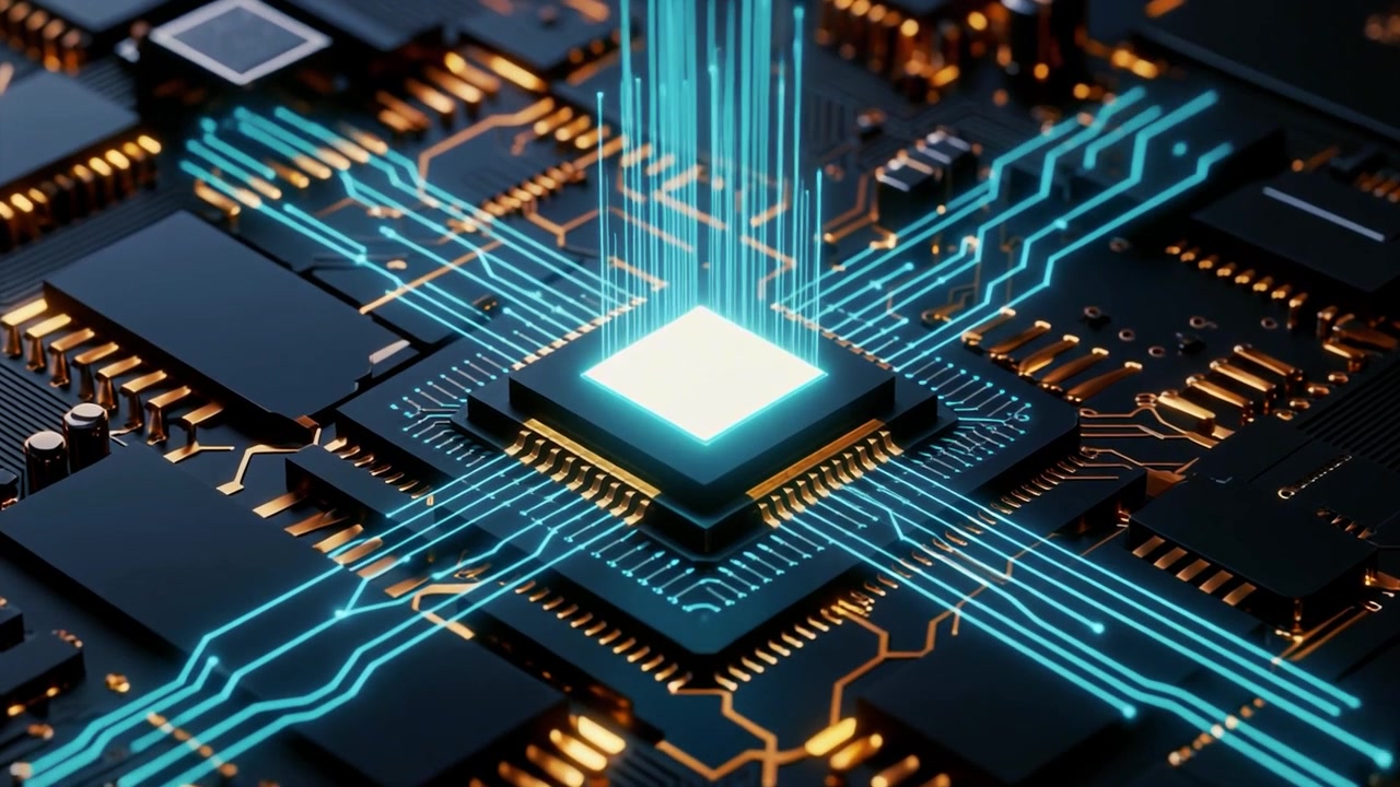 Central Processing Unit Chip with Glowing Data Streams on Circuit Board