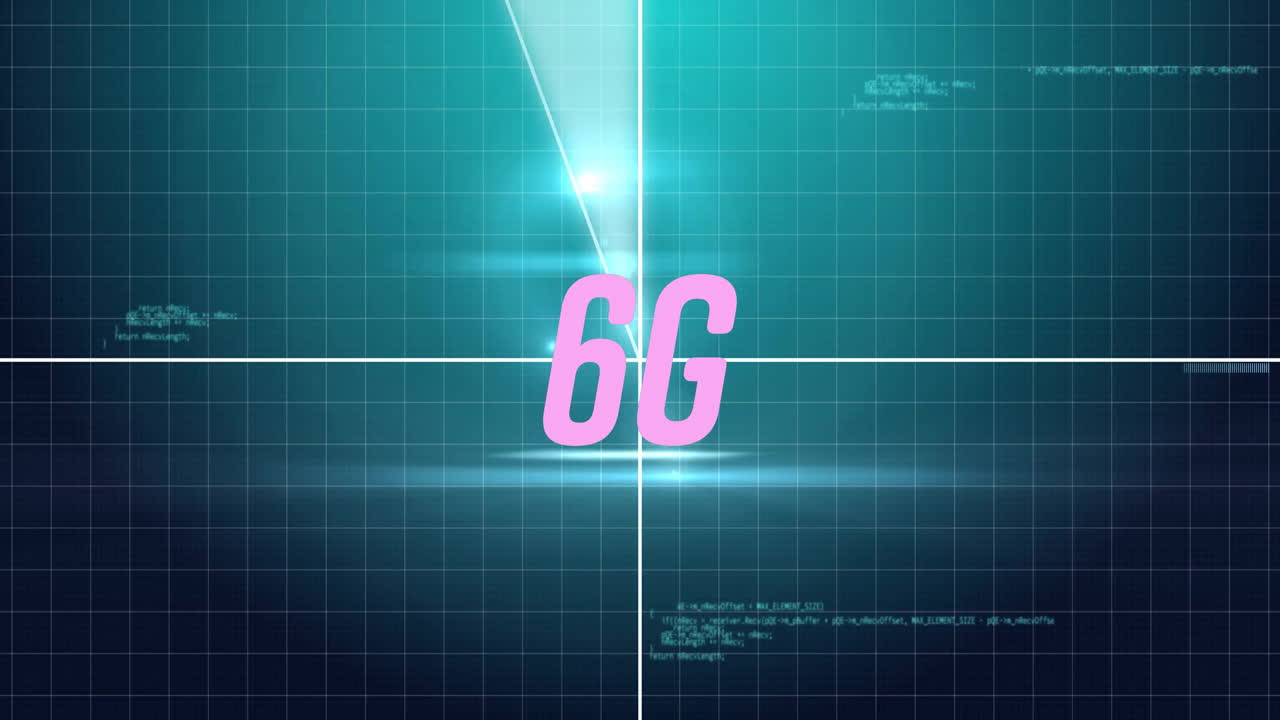 Magenta 6G text glowing within concentric circles projecting light across dark teal grid with code