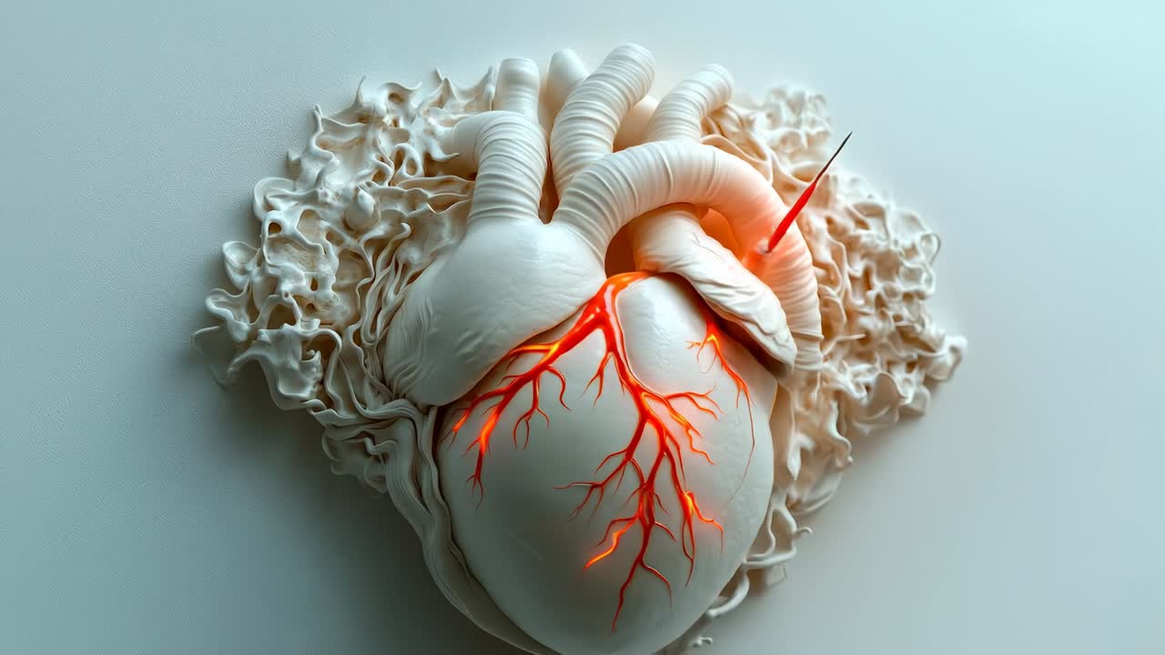 Modello di cuore con vene rosse luminose. Un modello di cuore realistico mostra vene che brillano di rosso. Un ago è inserito nel cuore.