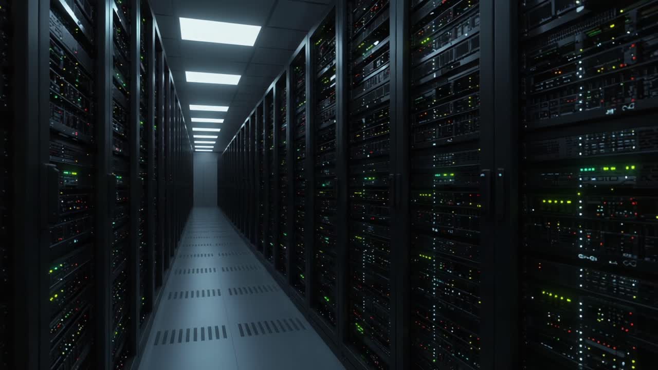 A Glimpse Inside a Modern Data Center: Exploring the Rows of Server Racks Illuminated by Colorful LED Indicators in a High-Tech Environment