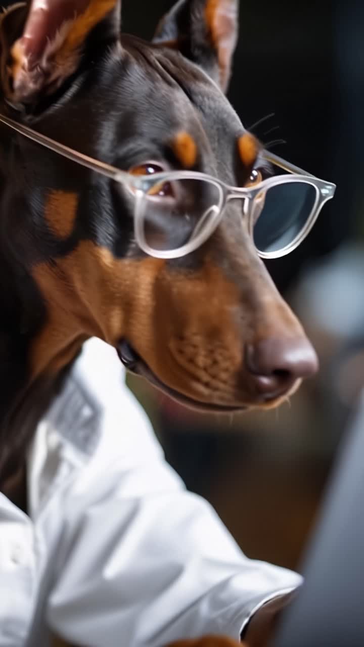 Un Elegante Doberman con gli Occhiali Mostra un'Espressione Pensierosa Mentre si Abbandona a un Momento di Contemplazione, Creando un'Atmosfera Stravagante e Intellettuale