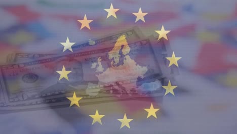 Animación-De-La-Bandera-De-La-UE-Y-El-Mapa-Sobre-Miniaturas-De-Banderas-De-Países-Europeos-Contra-Billetes-De-Euro