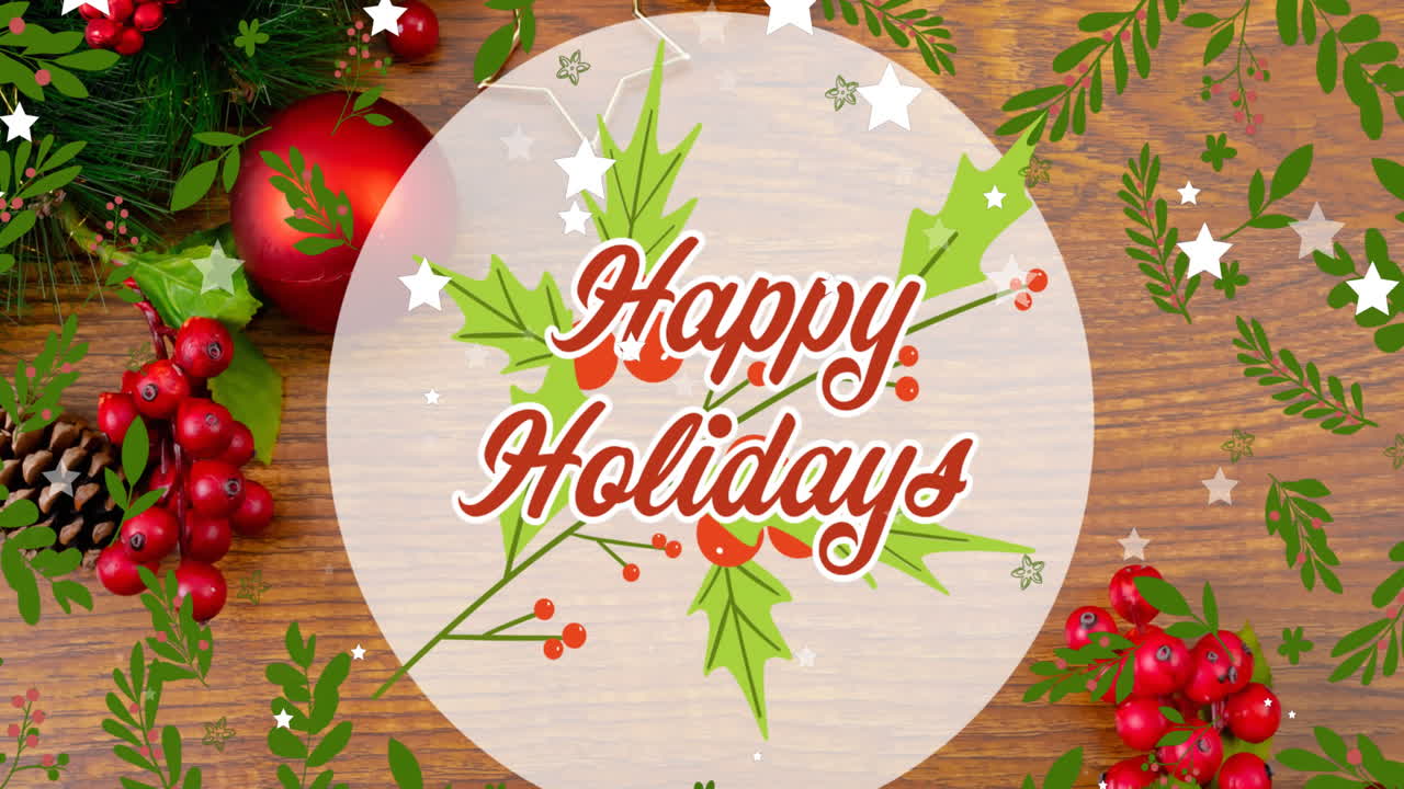 Animation of happy holidays text over stars falling and christmas decorations on table