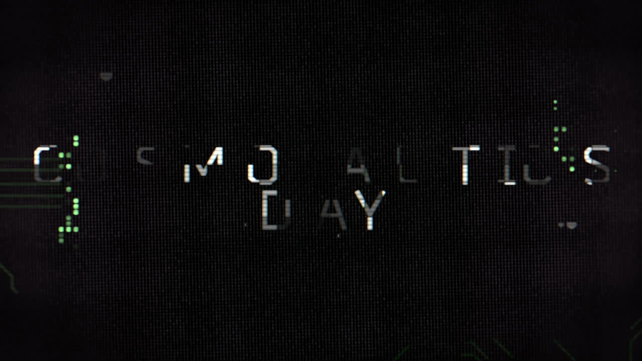 animación primer texto del día de la cosmonáutica en pantalla futurista con formas abstractas