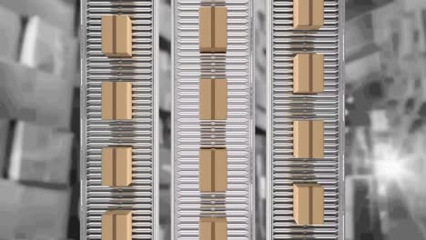 animación de cajas de cartón que se mueven en cintas transportadoras sobre el almacén