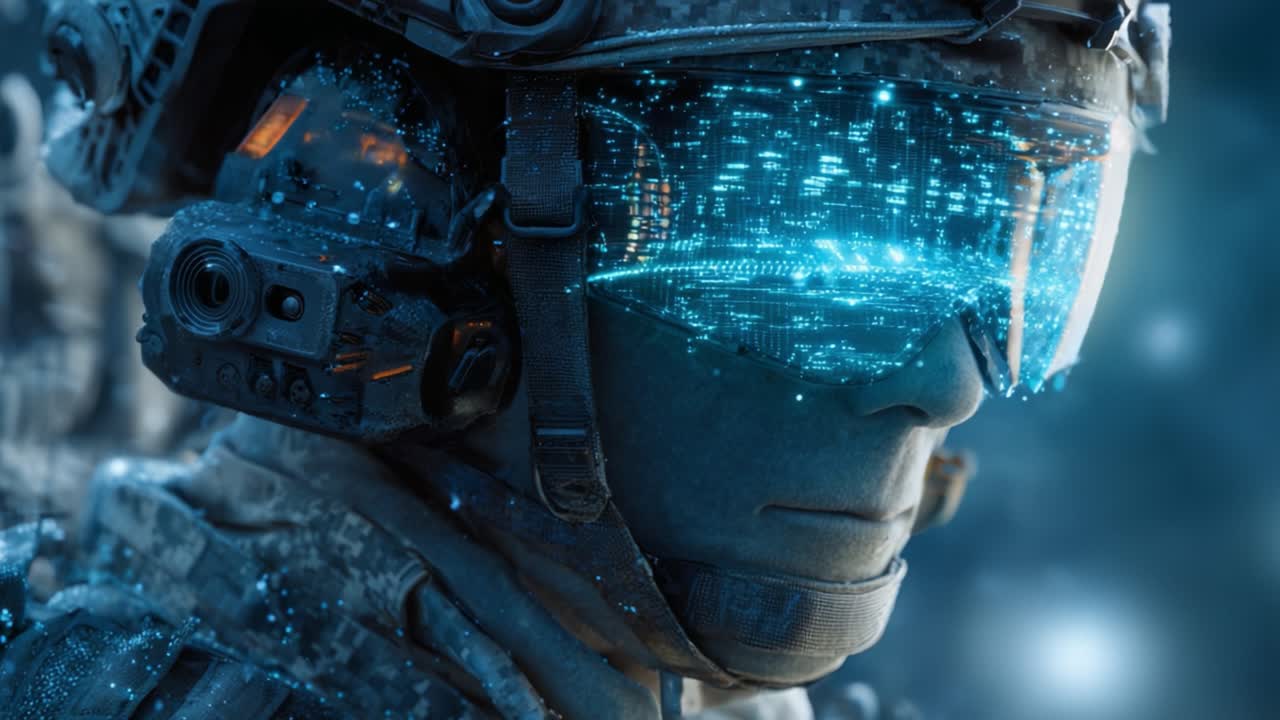Un soldato futuristico con visore avanzato a realtà aumentata mostra un ambiente di battaglia ad alta tecnologia, fondendo elementi digitali con la tecnologia militare per una maggiore consapevolezza in combattimento