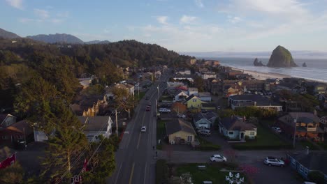 Cannon Beach Town on Oregon&#039;s Touristic Coast in Summer, Aerial