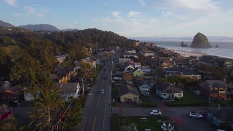 cannon beach town on oregon's touristic coast in summer, aerial