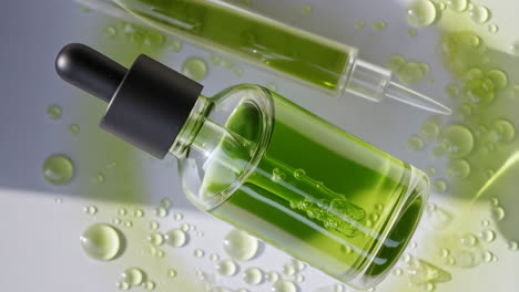 green skincare serum bottle and test tube with liquid droplets