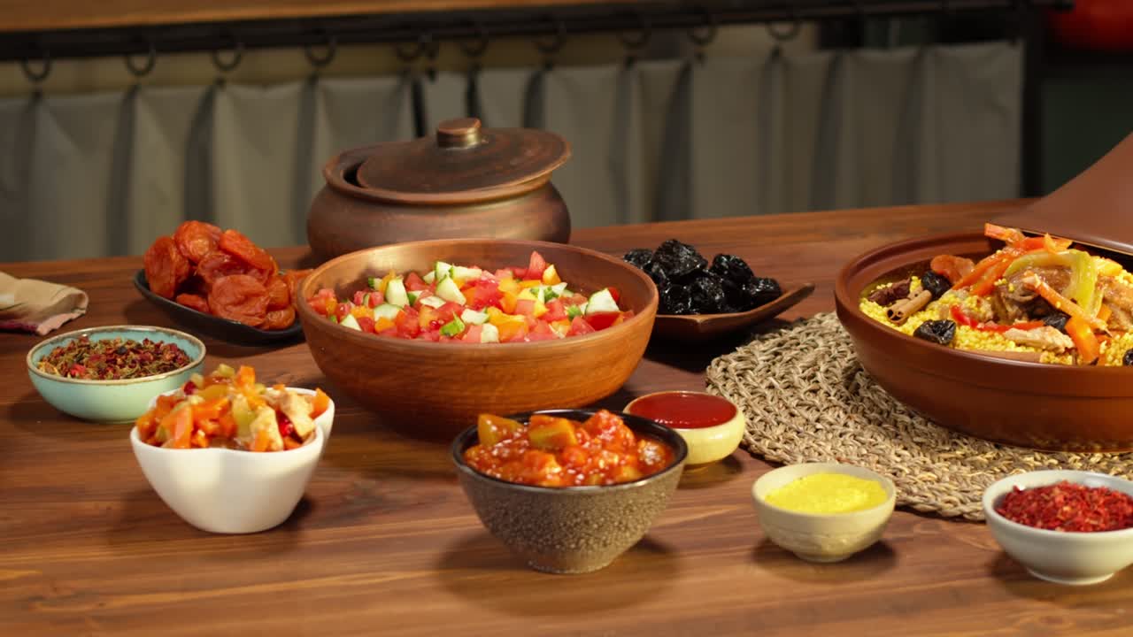 cocina marroquí. tajine, plato tradicional hecho de cordero y berenjena, ensalada de verduras. cultura de oriente medio. couscous con carne de carnero de cerca, arroz delicioso. comida casera.