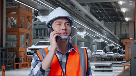 close up of asian male engineer with safety helmet talking on smartphone while standing in ev car factory