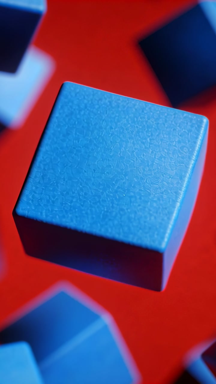 Vertical video: Moving cam causing blue cube rotating to show faces in studio red panel, soft cubes