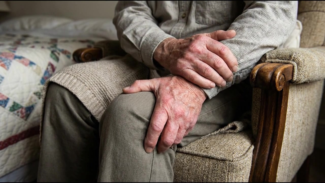 Adulto seduto che si strofina il polso e l'avambraccio doloranti in soggiorno, in un contesto di salute quotidiana
