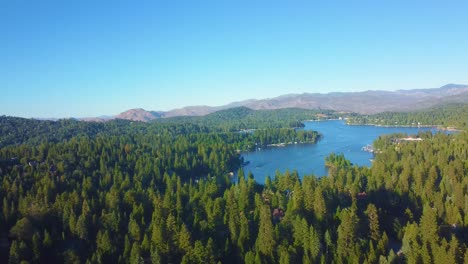 green forest trees surrounding lake arrowhead in san bernardino, california, usa