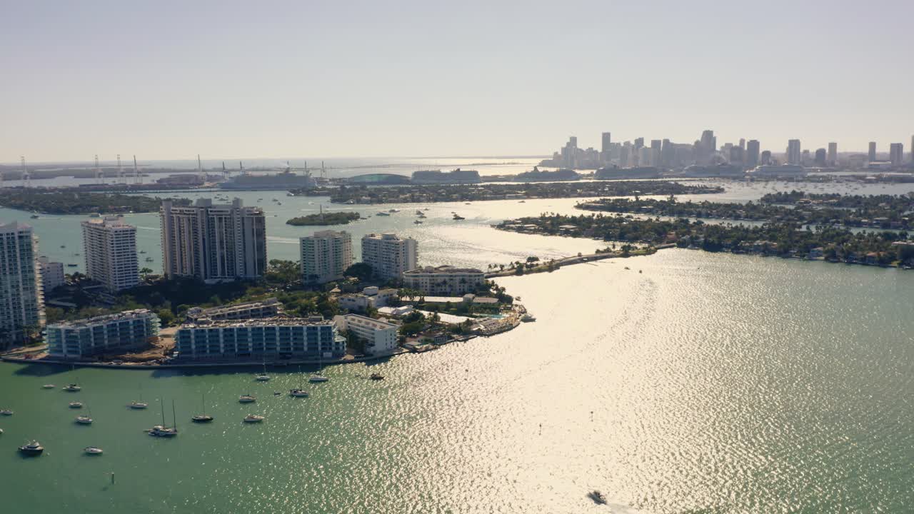 Biscayne Bay in Miami, Florida, USA. Wide angle aerial overlooking the lagoon and ocean