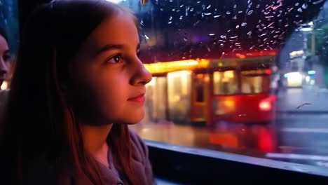 una joven mira por la ventana de un autobús, viendo la lluvia caer en las calles de la ciudad.