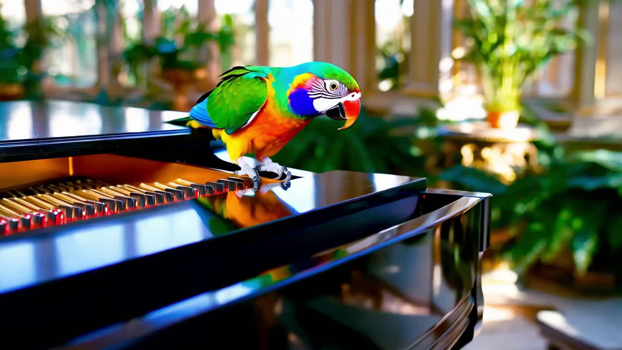 온실 에서 피아노 를 연주 하는 다채로운 무새