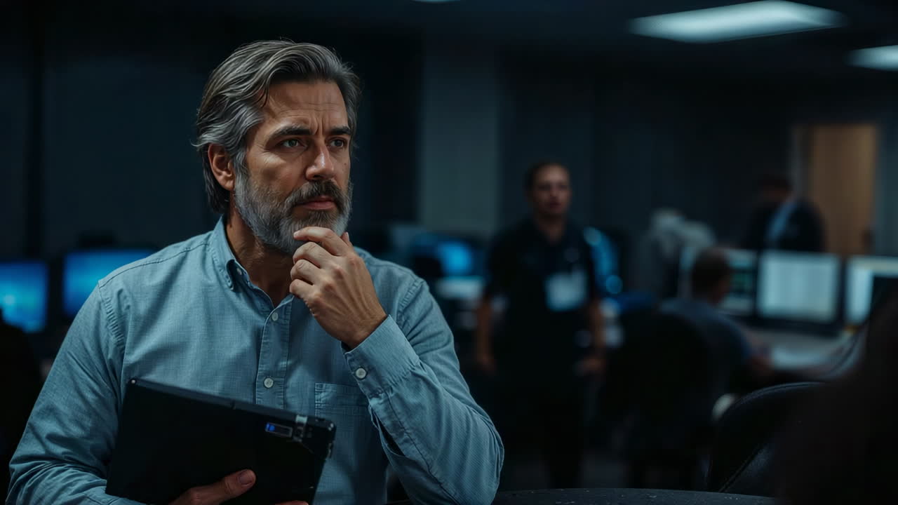 Man holding a tablet in a modern office or control room