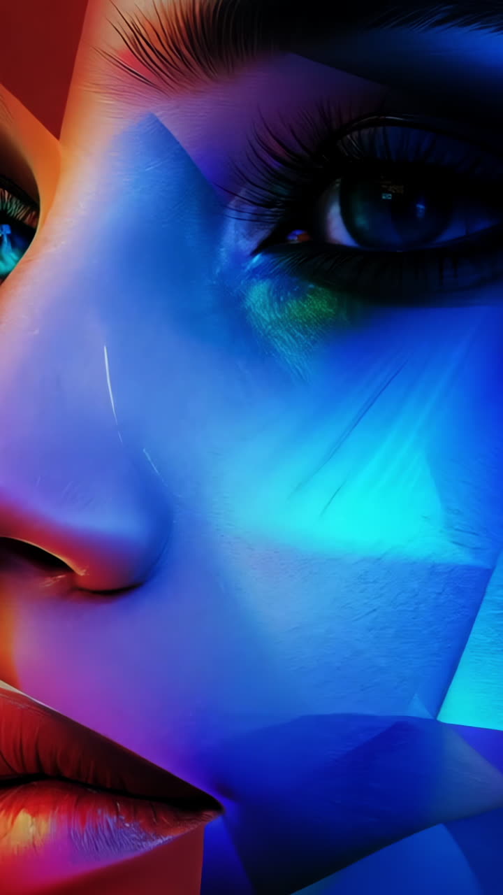 A woman's face is shown in a colorful, abstract style. The colors are bright and vibrant, and the woman's eyes are blue. Scene is one of creativity and artistic expression