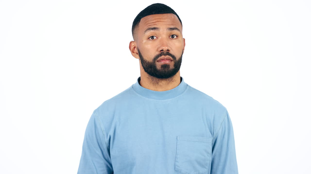 No, finger and face of man in studio with head