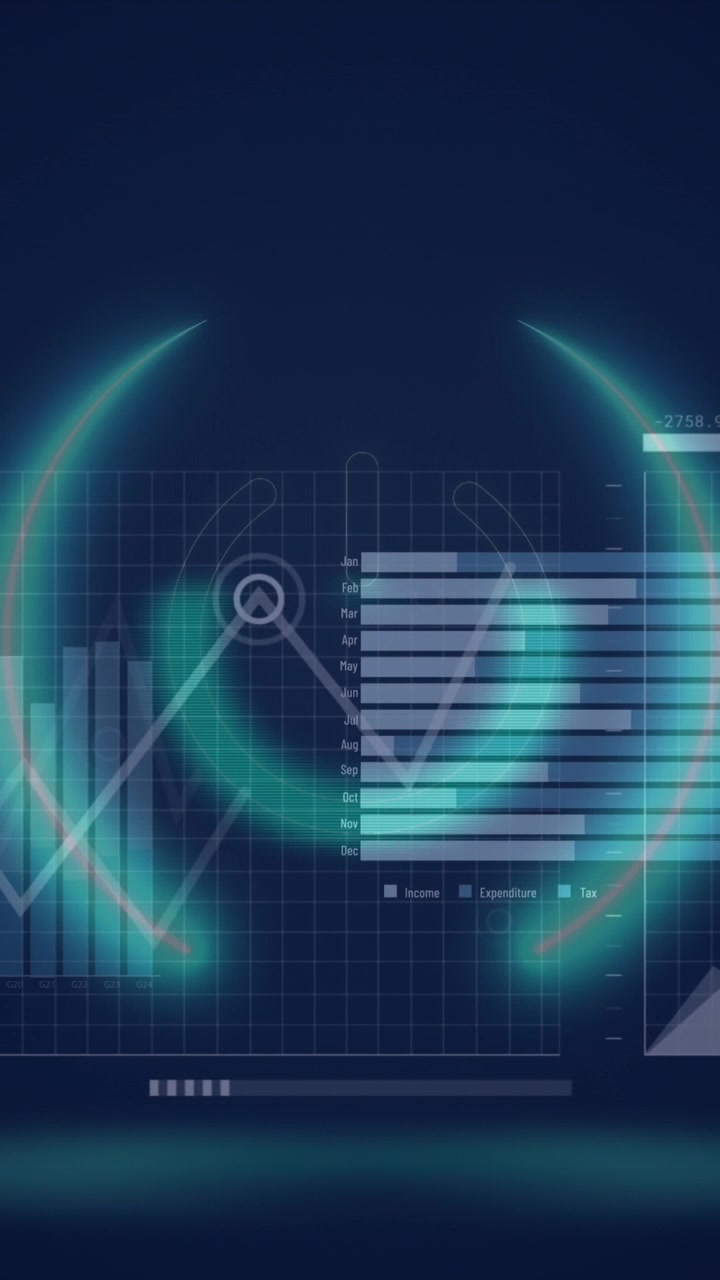 Animation of neon round shape over statistical data processing against blue background