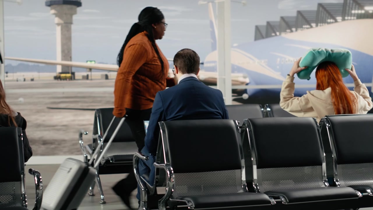 Waiting, holiday trip and tourists on airport lounge benches next to people