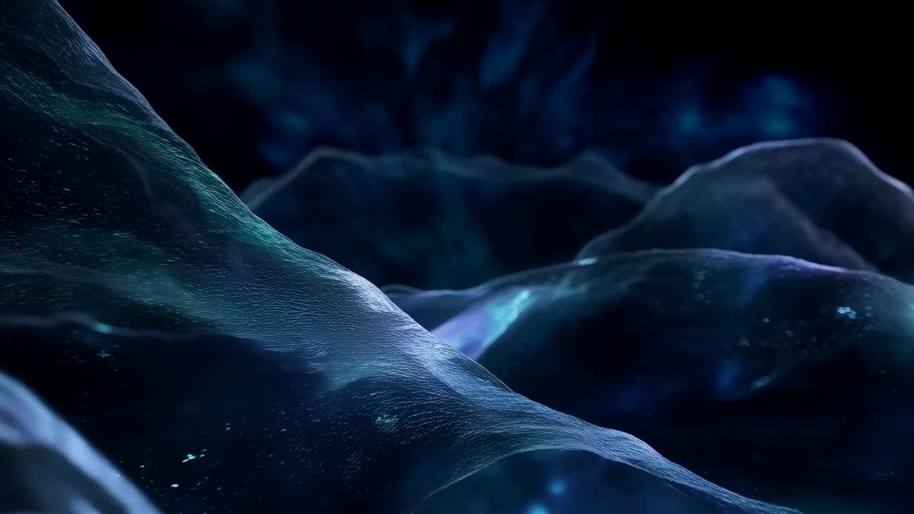 Gliding camera revealing membrane ridges and microtextures in abstract CGI scene, showing teal glow