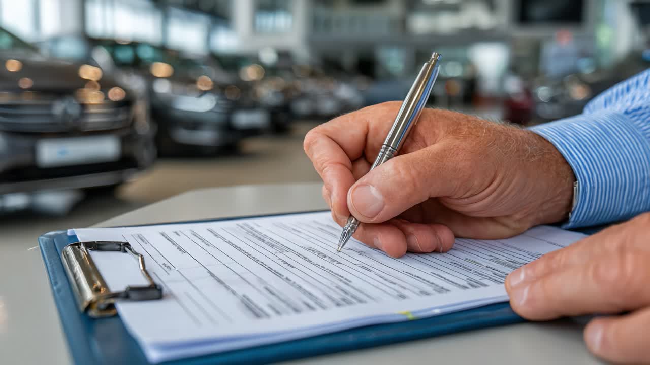 Primer Plano de una Mano Escribiendo en un Documento en un Concesionario de Automóviles, Destacando el Proceso de Compra y la Toma de Decisiones Implicados en las Transacciones de Coches