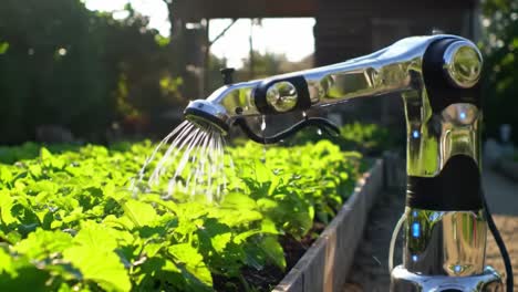 a robotic watering device efficiently irrigating lush green plants in a vibrant garden, showcasing innovation in agricultural technology and sustainability practices