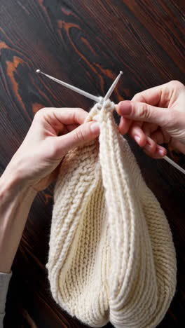 knitting a cream-colored item with needles