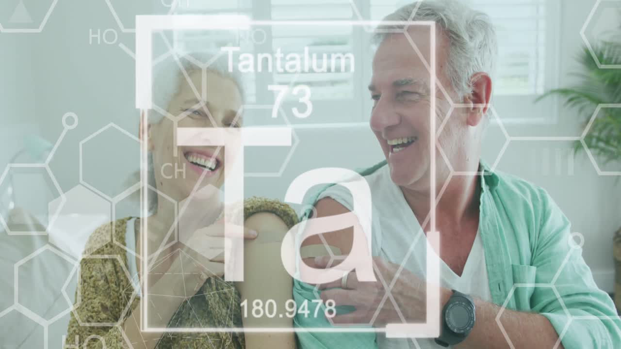 ⁇ 은 백인 커플의 팔을 가리키는 화학 기호의 애니메이션