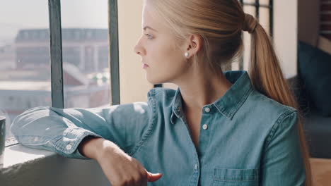 Happy-woman,-coffee-break-and-looking-out-window